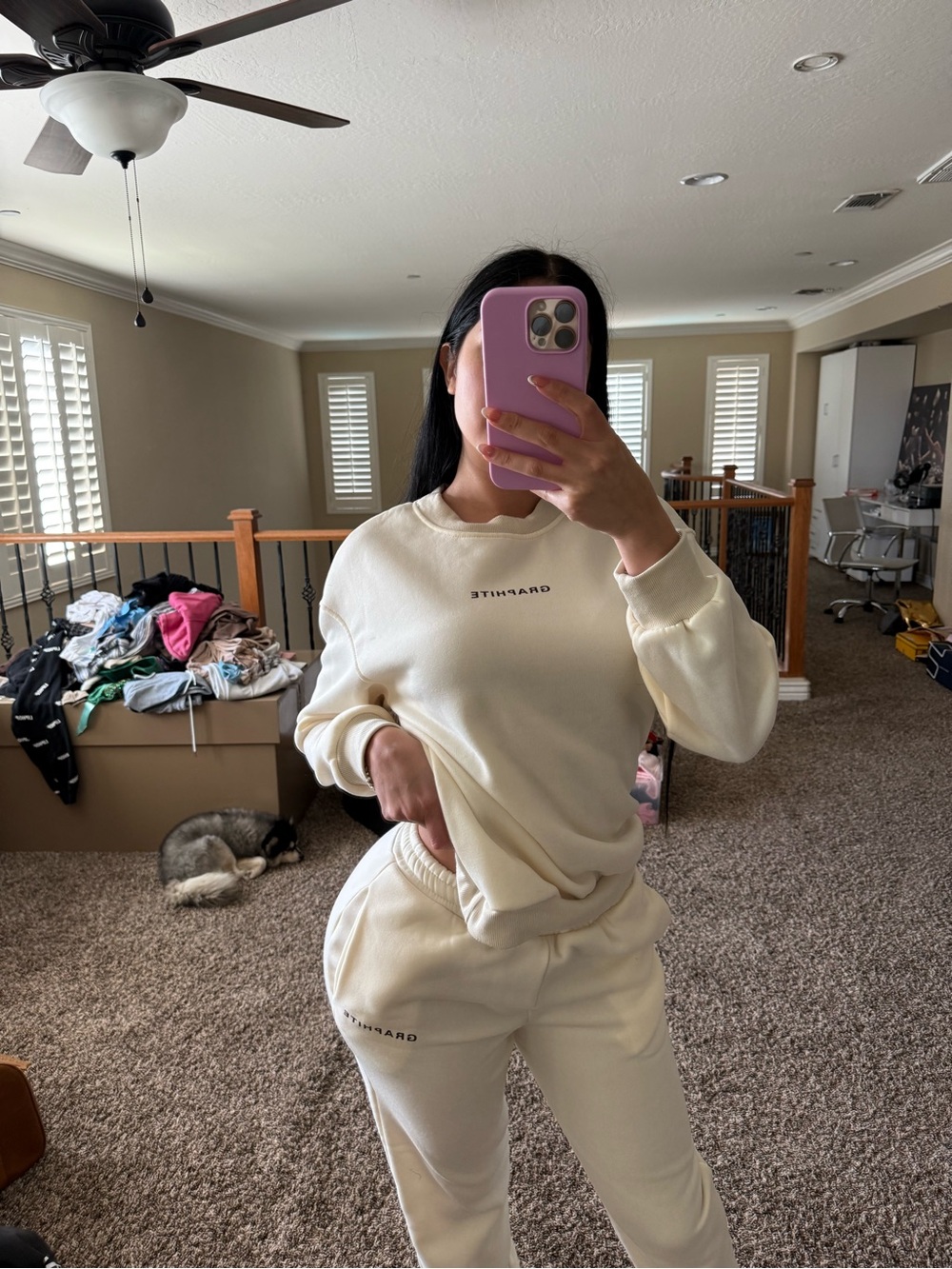 Cream Branded Sweatshirt & Jogger Set and silver skirt